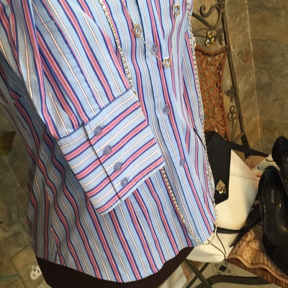 Ninety 🌹Shirt top blouse tunic striped shape flattering 4 button cuff - Picture 5 of 8